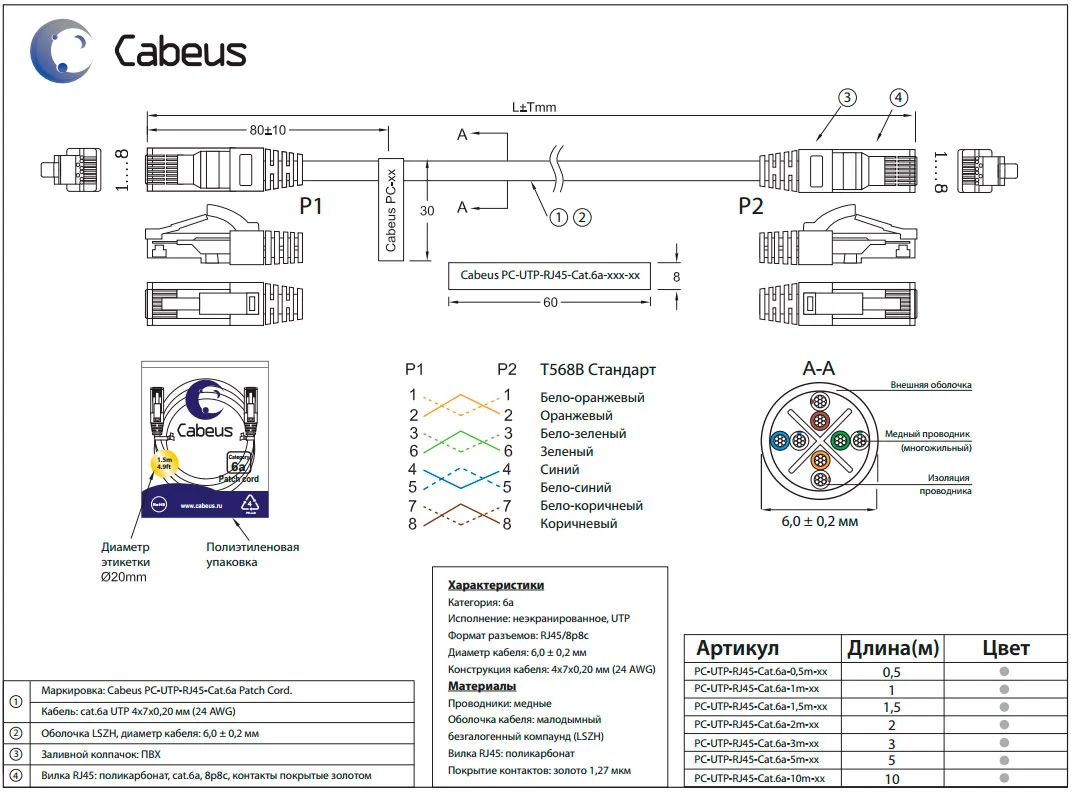 Патч-корд Cabeus PC-UTP-RJ45-Cat.6a-2m-LSZH (7896c)