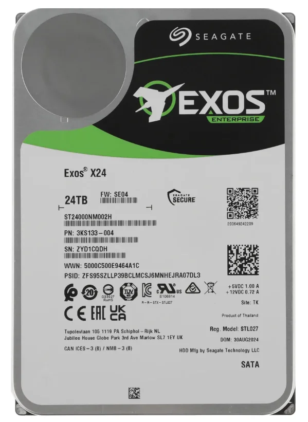 Жесткий диск HDD SEAGATE ST24000NM002H, 24 ТБ, 512 МБ, 7200 об/мин