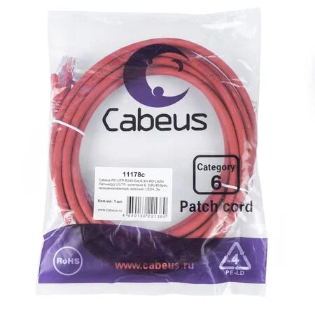 Патч-корд Cabeus PC-UTP-RJ45-Cat.6-3m-RD-LSZH (11178c)