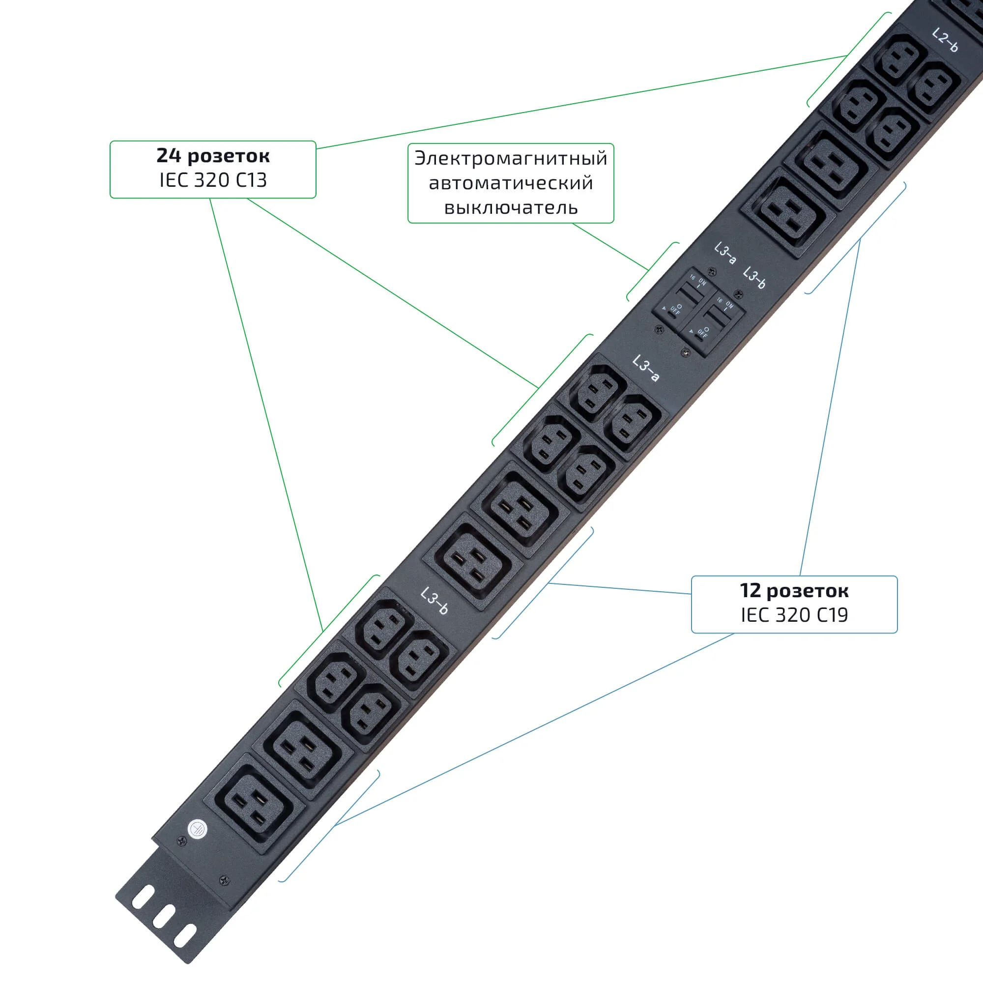 Cabeus SMART-PDU-32-3P-24C13-12C19-I309-M (12599c) Вертикальный блок розеток 19" до 16 А