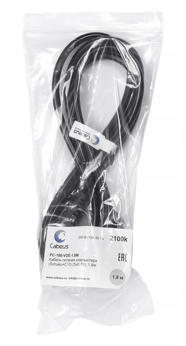 Cabeus PC-186-VDE-1.8M (2100k) кабель питания Schuko + IEC 320 C13, 1.8 м