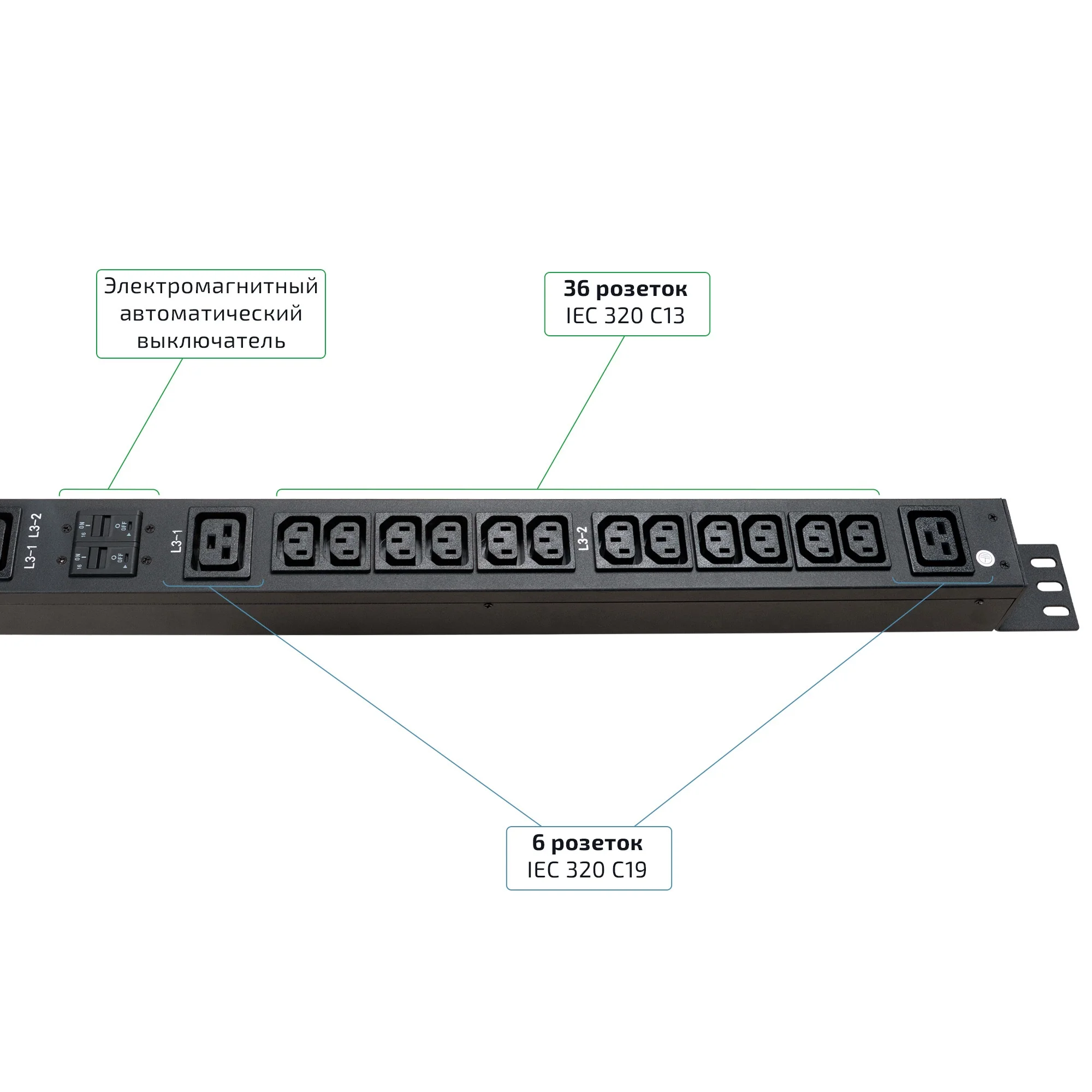 Cabeus PDU-32-3P-36C13-6C19-I309 (12060c) Вертикальный блок розеток 19" до 32 А