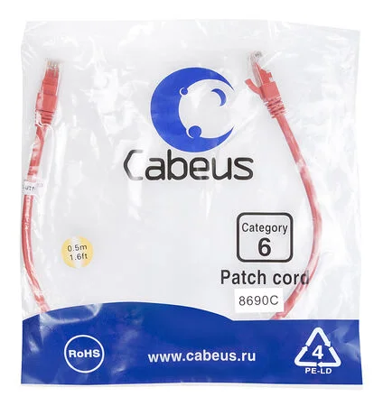 Патч-корд Cabeus PC-UTP-RJ45-Cat.6-0.5m-RD (8690c)