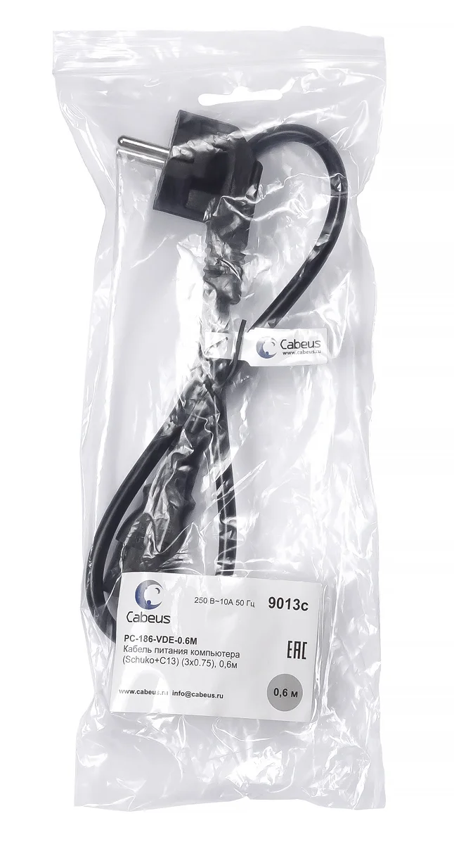 Cabeus PC-186-VDE-0.6M (9013c) кабель питания Schuko + IEC 320 C13, 0.6 м
