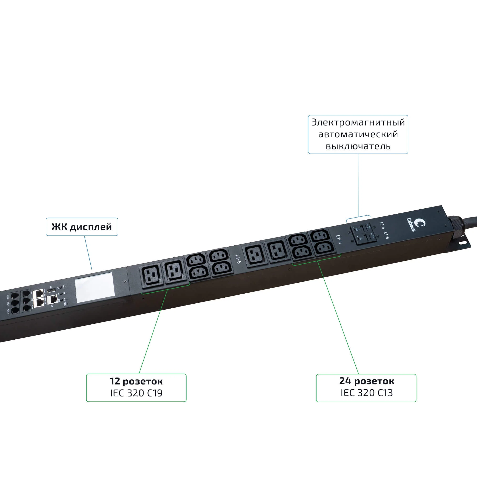 Cabeus SMART-PDU-32-3P-24C13-12C19-I309-M (12599c) Вертикальный блок розеток 19" до 16 А