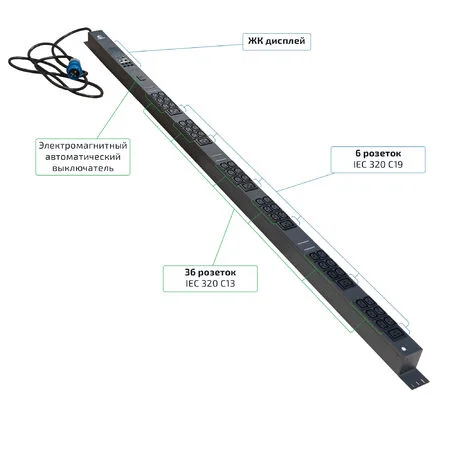 Cabeus SMART-PDU-16-1P-36C13-6C19-I309-CM (12600c) Вертикальный блок розеток 19" , до 16А