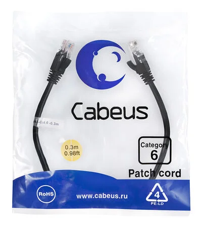 Патч-корд Cabeus PC-UTP-RJ45-Cat.6-0.3m-BK (8661c)