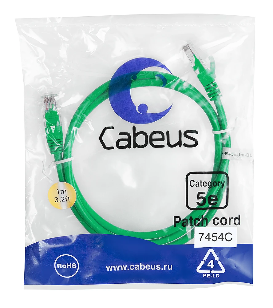 Патч-корд Cabeus PC-UTP-RJ45-Cat.5e-1m-GN (7454c)