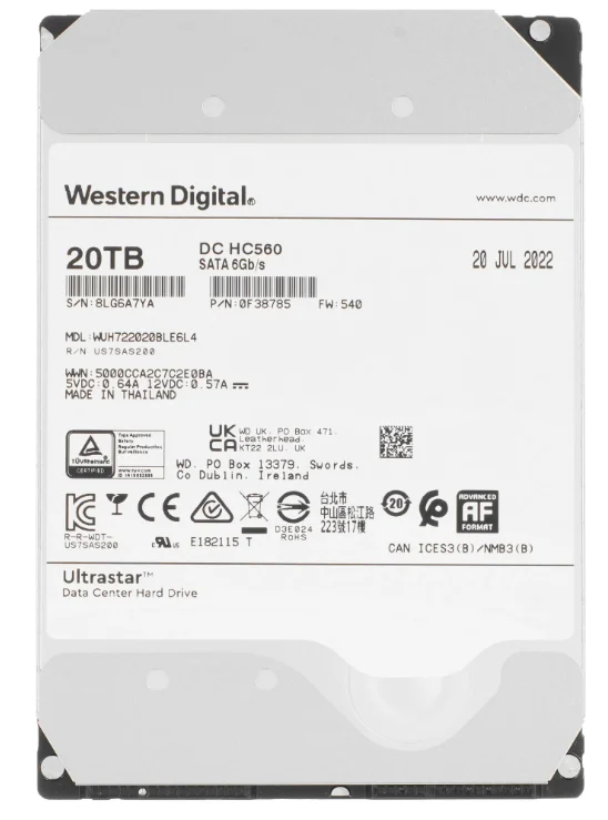 Жесткий диск HDD Western Digital 0F38785, 20 ТБ, 512 МБ, 7200 об/мин