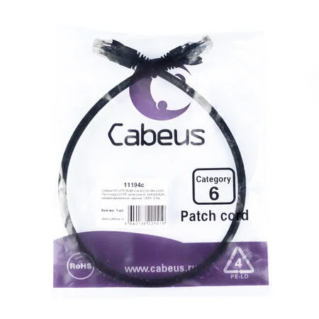 Патч-корд Cabeus PC-UTP-RJ45-Cat.6-0.5m-BK-LSZH (11194c)