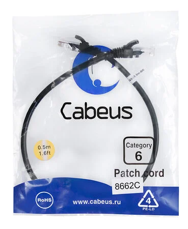 Патч-корд Cabeus PC-UTP-RJ45-Cat.6-0.5m-BK (8662c)