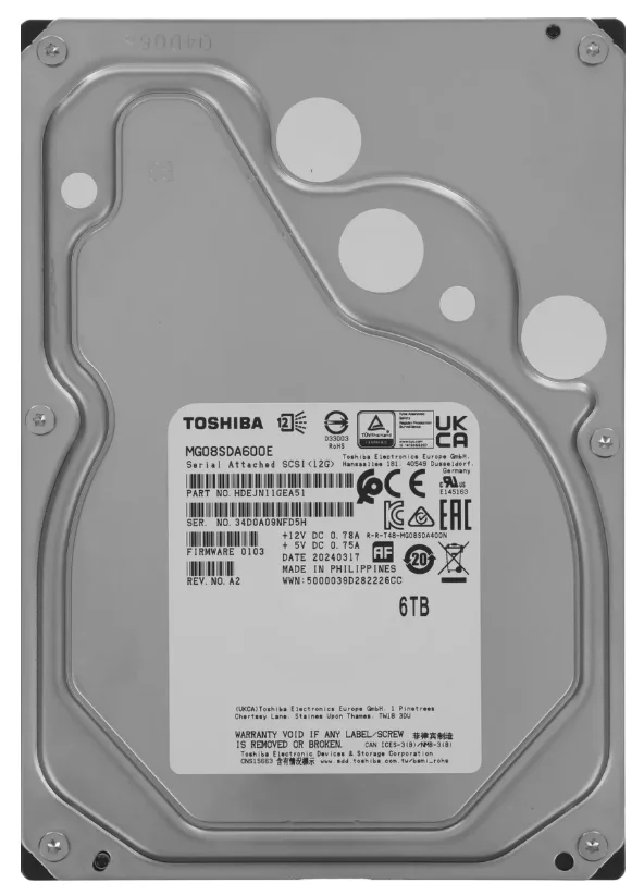 Жесткий диск HDD Toshiba MG08SDA600E, 6 ТБ, 256 МБ, 7200 об/мин