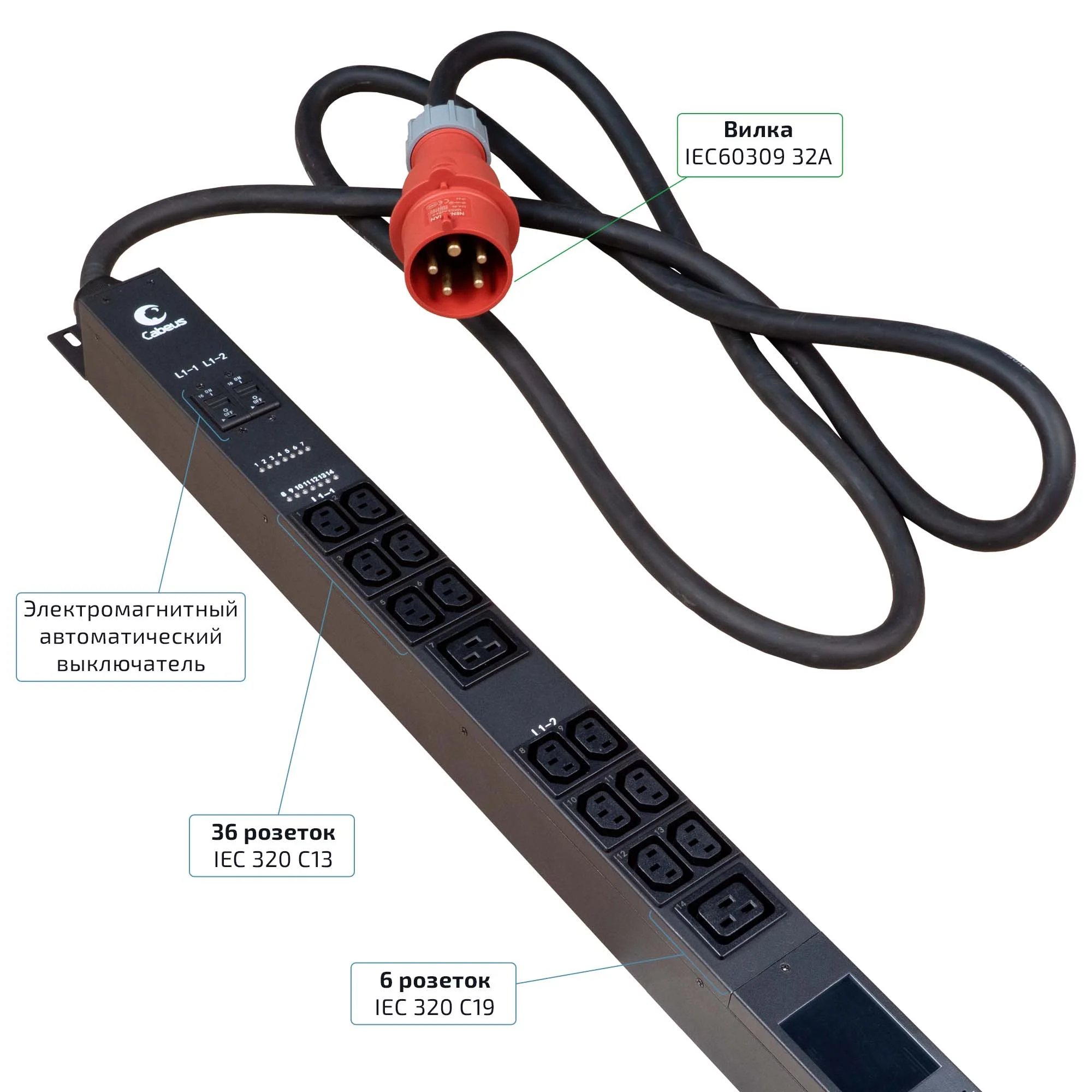 Cabeus SMART-PDU-32-3P-36C13-6C19-I309-CM (12604c) Вертикальный блок розеток 19" , до 16А