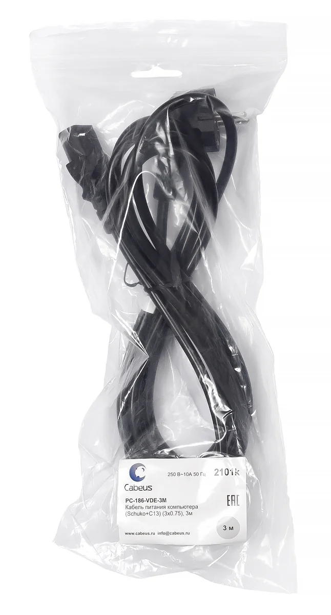 Cabeus PC-186-VDE-1.0-3M (10810c) кабель питания Schuko + IEC 320 C13, 3 м
