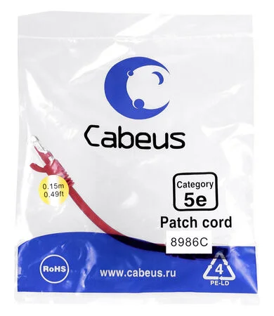 Патч-корд Cabeus PC-UTP-RJ45-Cat.5e-0.15m-RD-LSZH (9510c)