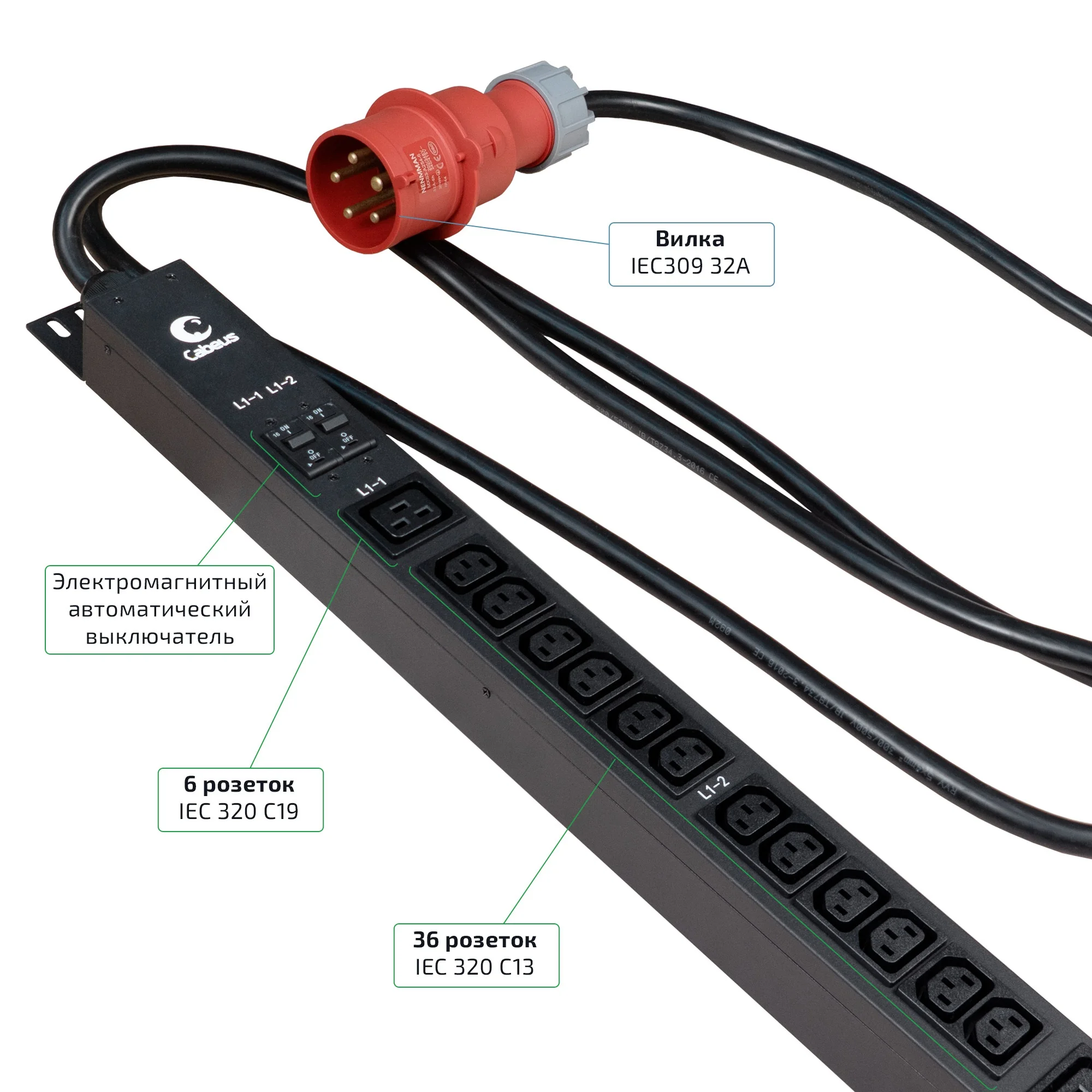 Cabeus PDU-32-3P-36C13-6C19-I309 (12060c) Вертикальный блок розеток 19" до 32 А