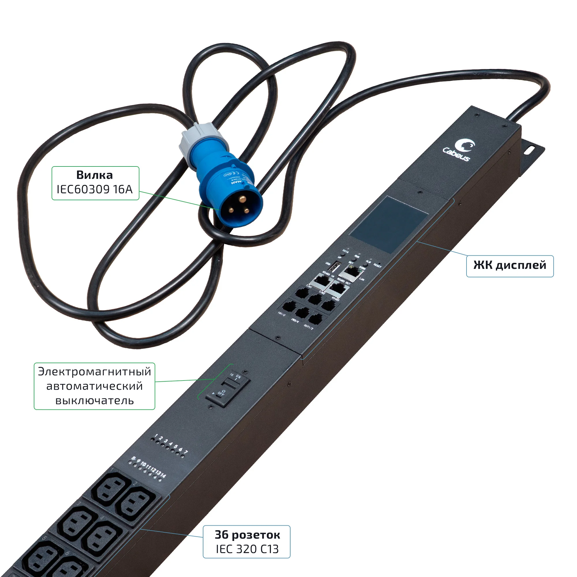 Cabeus SMART-PDU-16-1P-36C13-6C19-I309-CM (12600c) Вертикальный блок розеток 19" , до 16А