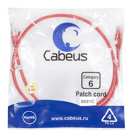 Патч-корд Cabeus PC-UTP-RJ45-Cat.6-1m-RD (8691c)