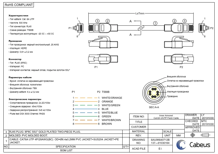 Патч-корд Cabeus PC-ARM-UTP-RJ45-Cat.6a-1.5m-PE (10131c)
