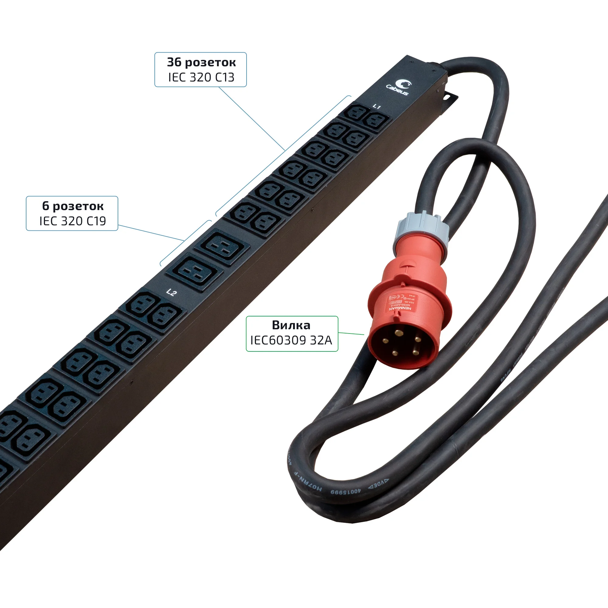 Cabeus SMART-PDU-32-3P-36C13-6C19-I309-M (12598c) Вертикальный блок розеток 19" до 32 А