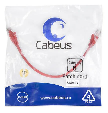 Патч-корд Cabeus PC-UTP-RJ45-Cat.6-0.3m-RD (8689c)