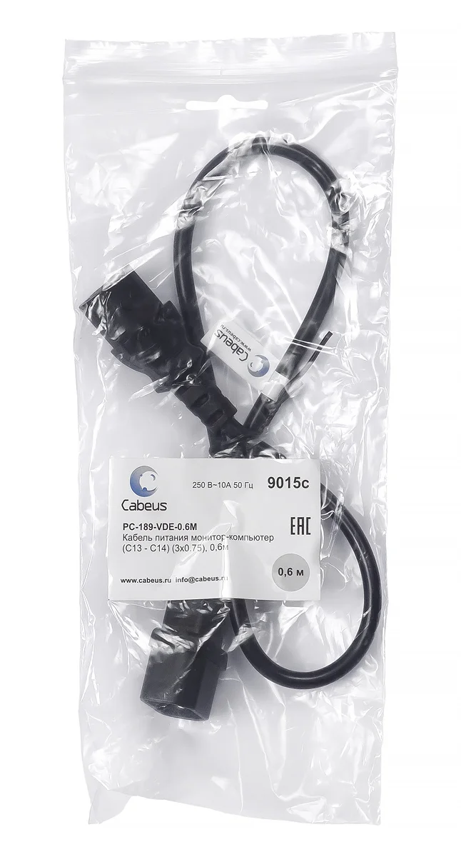Cabeus PC-189-VDE-0.6M (9015c) кабель питания IEC 320 C13 + IEC 320 C14, 0.6 м