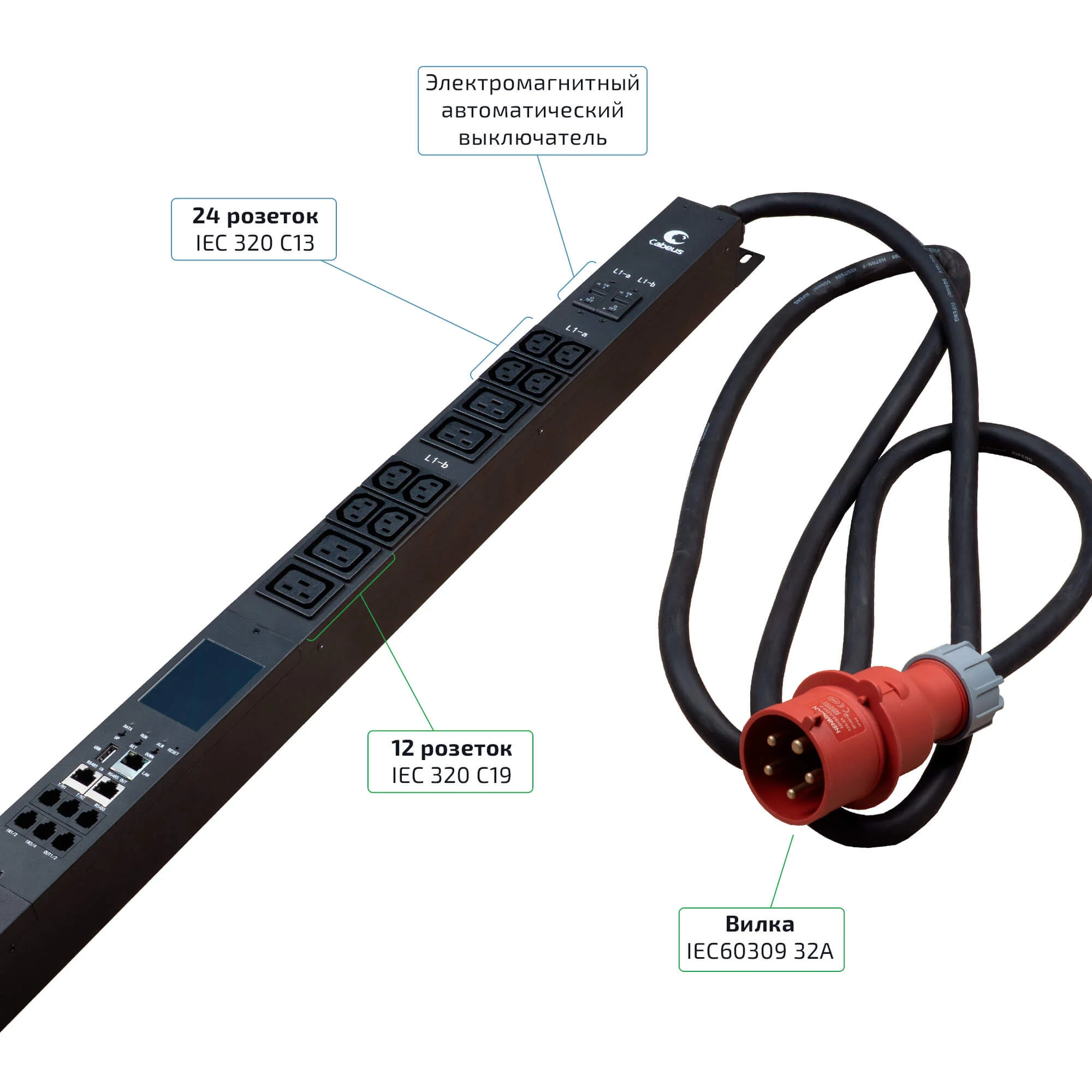 Cabeus SMART-PDU-32-3P-24C13-12C19-I309-M (12599c) Вертикальный блок розеток 19" до 16 А