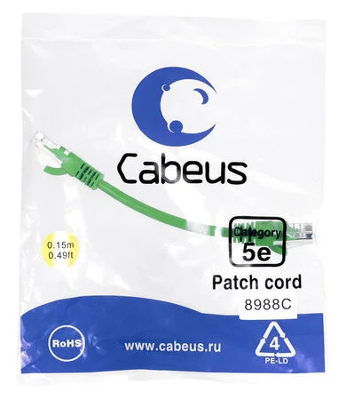 Патч-корд Cabeus PC-UTP-RJ45-Cat.5e-0.15m-GN (8988c)