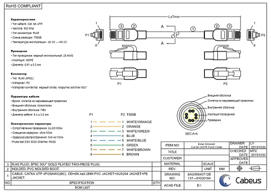 Патч-корд Cabeus PC-ARM-UTP-RJ45-Cat.6a-1.5m-PE (10131c)
