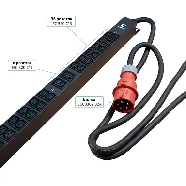 Cabeus SMART-PDU-32-3P-36C13-6C19-I309-M (12598c) Вертикальный блок розеток 19" до 32 А