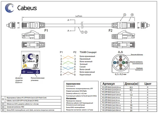 Патч-корд Cabeus PC-UTP-RJ45-Cat.6-0.3m-RD-LSZH (11173c)